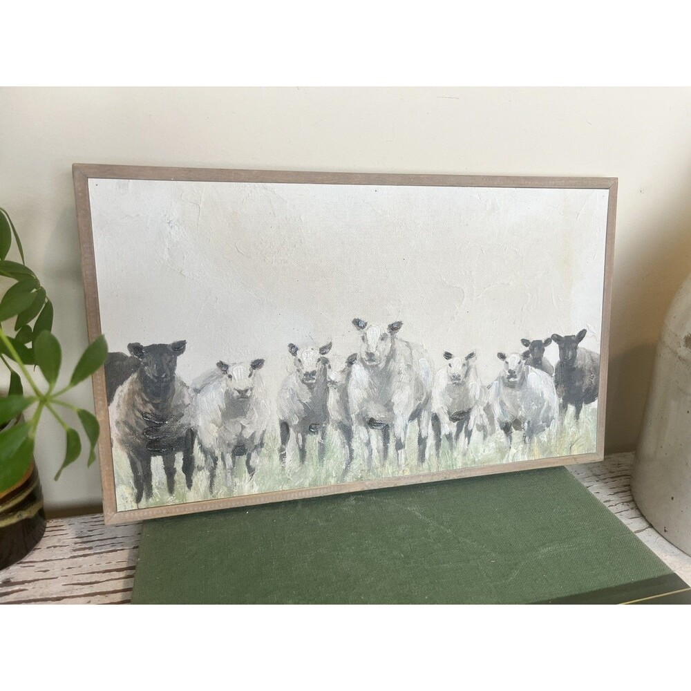 Farmhouse Herd Of Sheep In A Meadow (2 Sided) Framed Painting 14” x 8” / Country - Picture 2 of 7